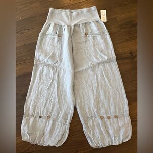 Light Blue Wide-Leg Linen Blend Pants with Patch Pockets M